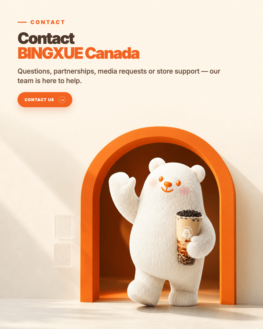 BOBO Bear welcomes visitors through an orange doorway with a BINGXUE pearl milk tea