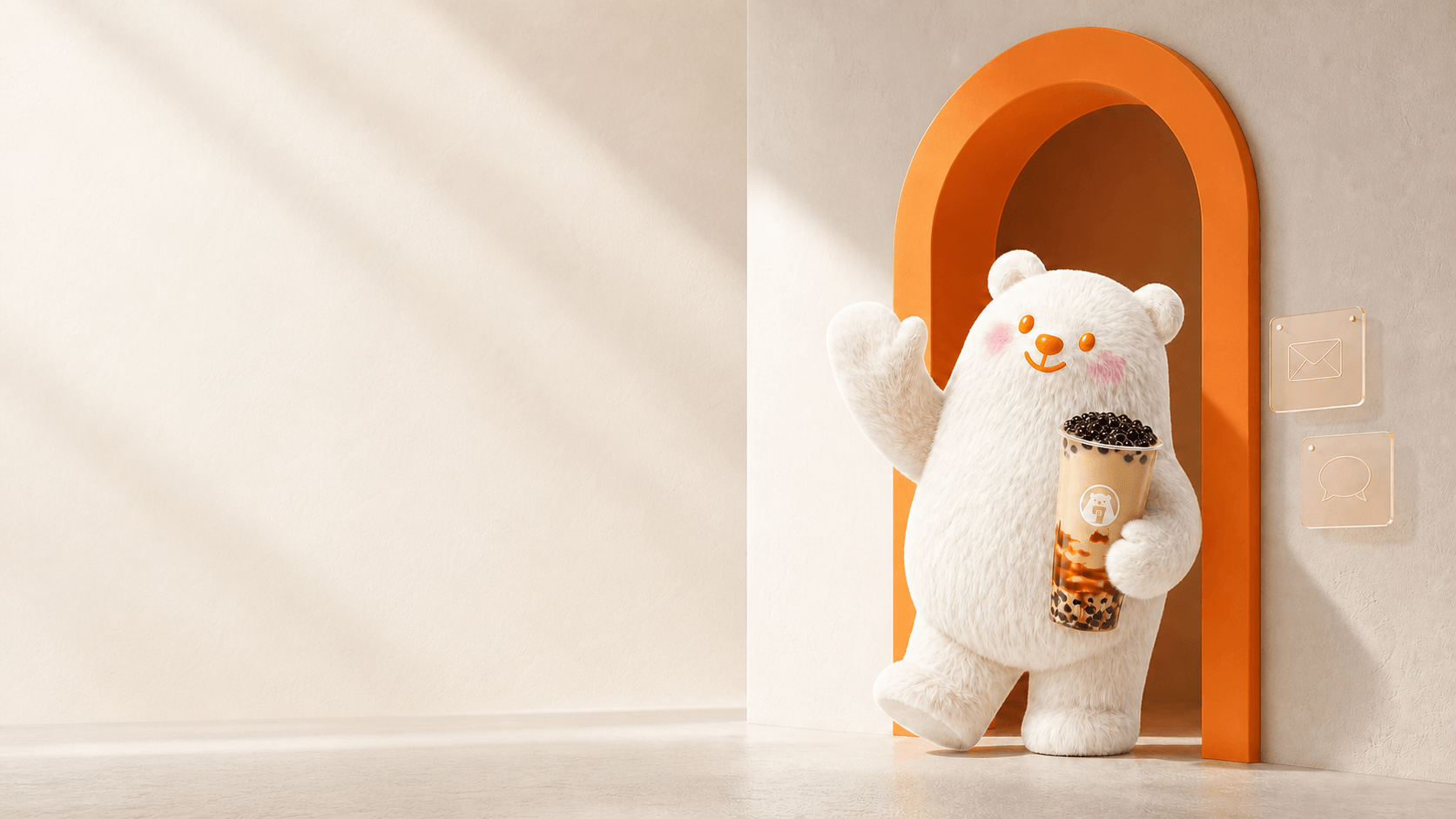 BOBO Bear welcomes visitors through an orange doorway with a BINGXUE pearl milk tea