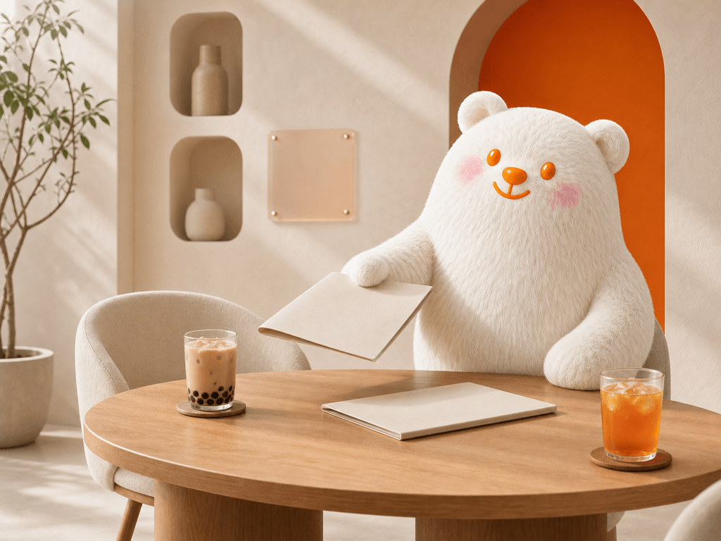 BOBO Bear presents partnership documents at a table with two drinks