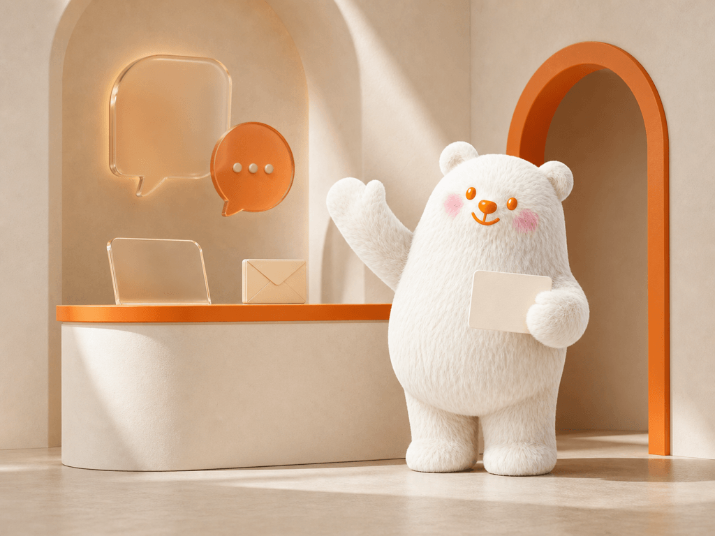 BOBO Bear welcomes visitors with a message card beside an envelope and conversation bubbles