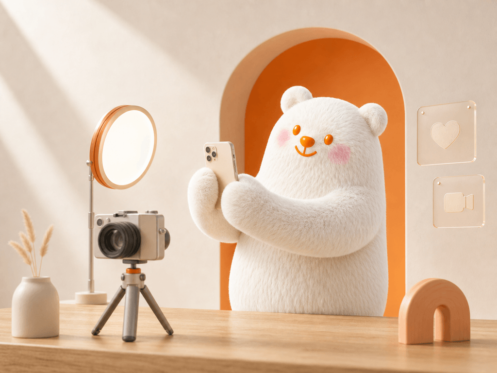 BOBO Bear creates social content with a phone, camera and studio light