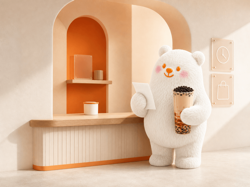 BOBO Bear reviews an order slip beside a pearl milk tea at a store service counter