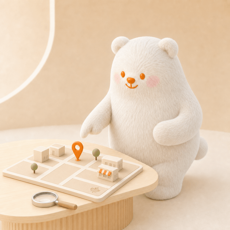 Bobo Bear reviewing a local commercial district and store location