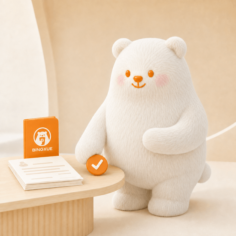Bobo Bear reviewing official BINGXUE partnership materials