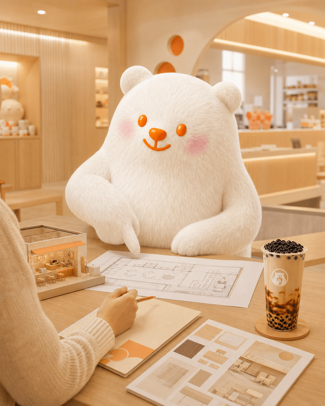 BOBO Bear guiding a future BINGXUE Canada franchise partner through store planning