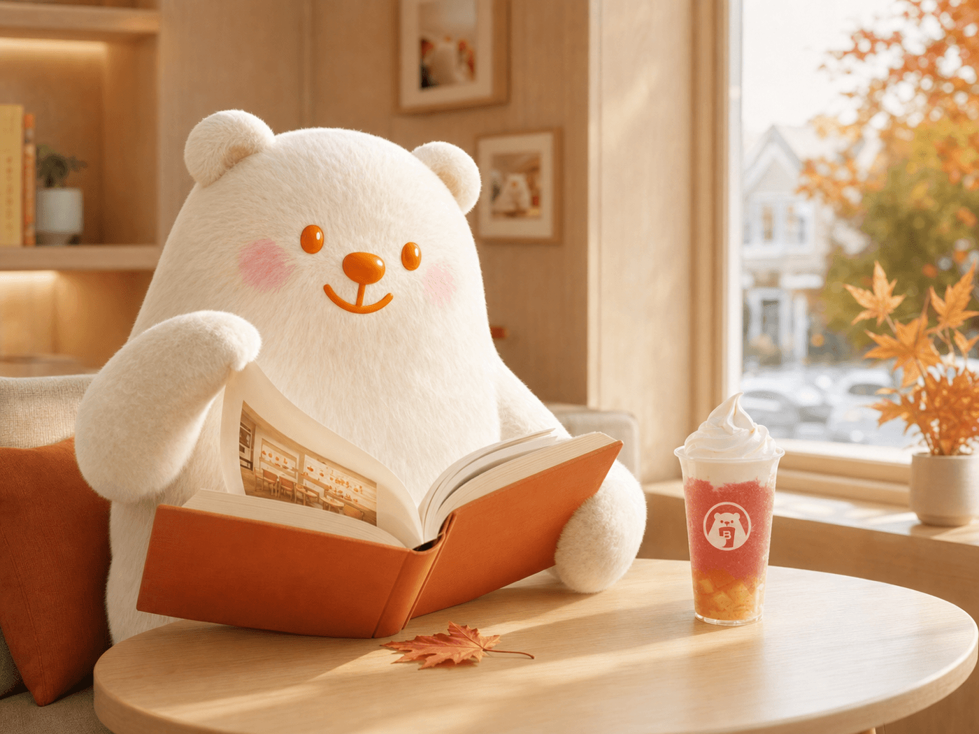 Bobo Bear reading a BINGXUE Canada story book
