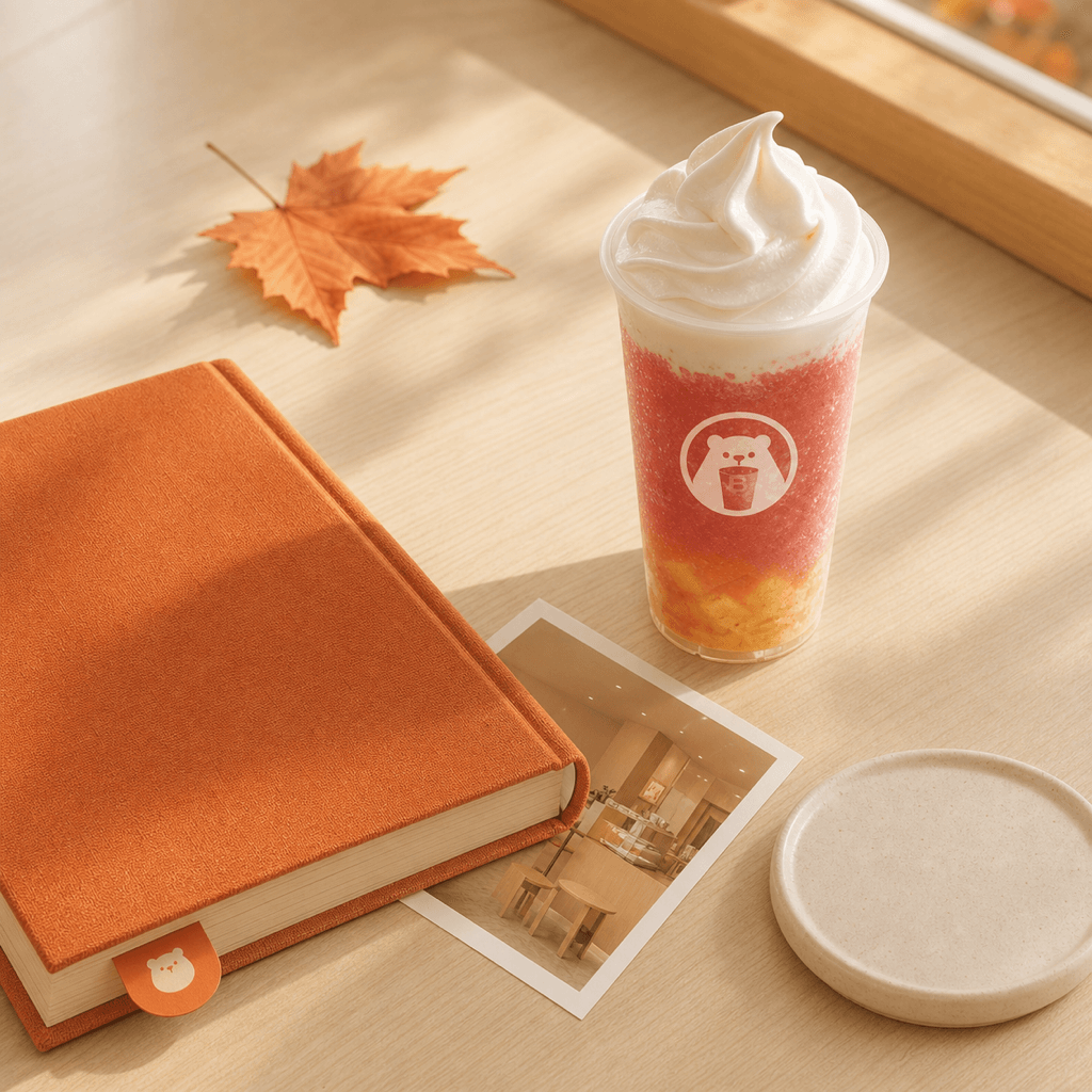 BINGXUE milk tea beside an orange story book and community photographs