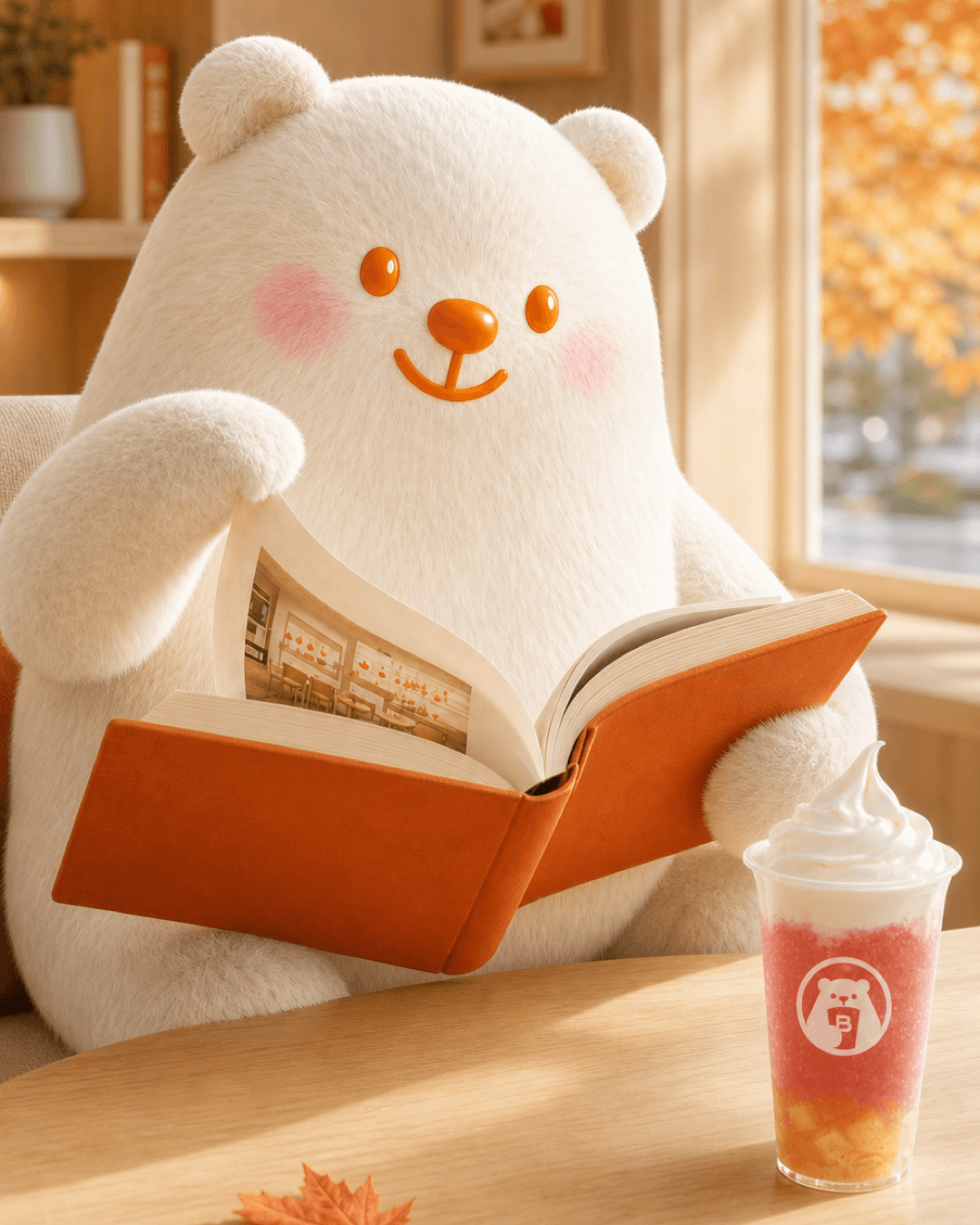 Bobo Bear reading a BINGXUE Canada story book