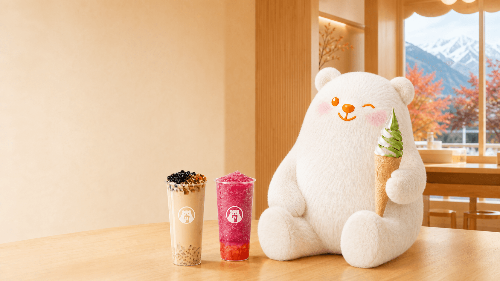 Bobo Bear welcomes guests with milk tea, fruit tea and a mixed soft-serve ice cream.
