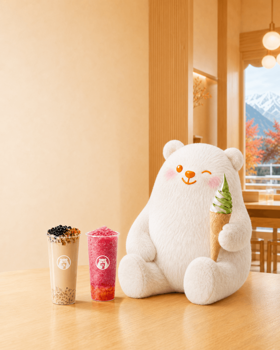 Bobo Bear welcomes guests with milk tea, fruit tea and a mixed soft-serve ice cream.