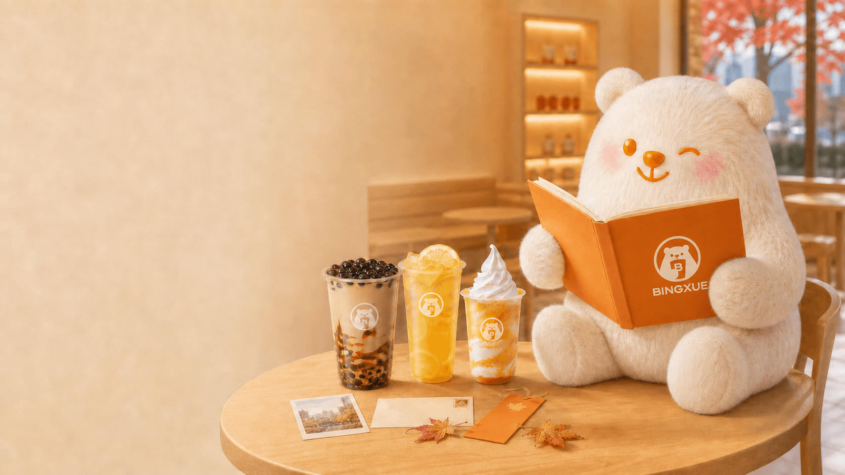 Bobo Bear reading a BINGXUE storybook beside official drinks in a warm Canadian BINGXUE store
