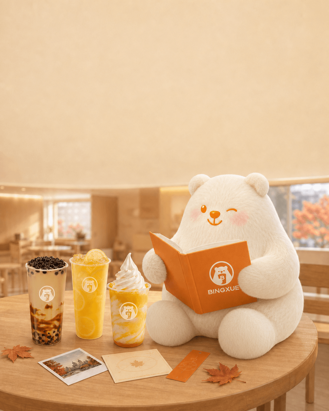 Bobo Bear reading a BINGXUE storybook beside official drinks in a warm Canadian BINGXUE store