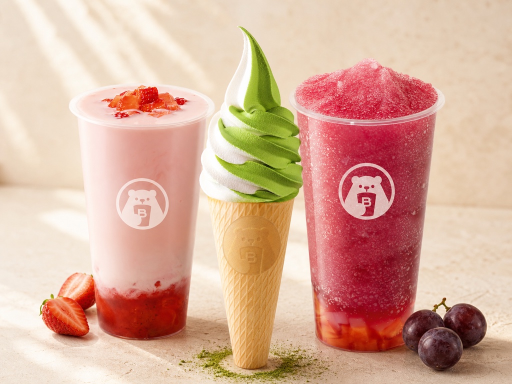 BINGXUE strawberry fruit milk tea, grape smoothie and matcha-vanilla soft-serve ice cream in warm natural light