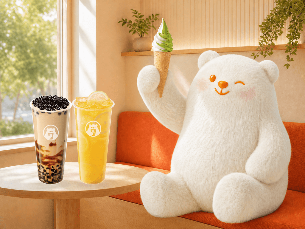 Bobo Bear seated by a window holding a matcha-vanilla soft serve beside official BINGXUE drinks