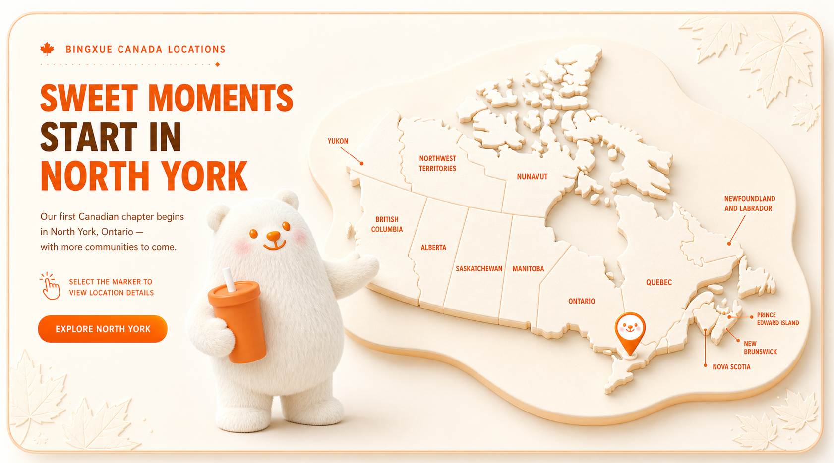 BINGXUE Canada location scene with Bobo Bear presenting the active North York marker